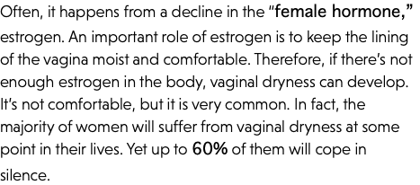 Often, it happens from a decline in the “female hormone,” estrogen. An important role of estrogen is to keep the lining of the vagina moist and comfortable. Therefore, if there’s not enough estrogen in the body, vaginal dryness can develop. It’s not comfortable, but it is very common. In fact, the majority of women will suffer from vaginal dryness at some point in their lives. Yet up to 60% of them will cope in silence.